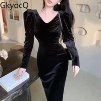 Casual Dresses GkyocQ Women Solid Puff Sleeve Girls Elegant And Vintage Split Mid-calf Dress V-neck Korean Fashion Female Clothing