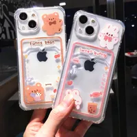 豪華なケースCure Cartoon Bear Rabbit Clear Phone Case for iPhone 14 Pro Max 13 12 11 X XR XS 7 8 Plus Card Holder Wallet ShockProofカバー