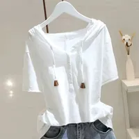 Women's T-Shirt 98% Cotton T Shirt Women Fashion Hooded Short-sleeved T-shirt Spring Summer Korean Style Loose Thin All-match Pullover Tops 230202