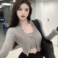 Women's Sweaters Pullovers Women Halter Slim Fit Solid Design Basic Korean Style Girls Sexy Tender Fashion Fake 2 Pcs Casual All-match Chic