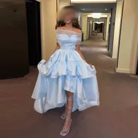 Baby Blue Satin Evening Dresses A-Line Prom Gowns Sleeveless High Low Saudi ArabricTiered 2023