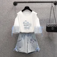 Women's Tracksuits Women Plus Size Short Suit T Shirt Top And Denim Jean Two Piece Set Floral Embroidery Matching Outfit Female Clothes 2023