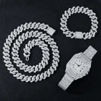 Bracelet Necklace WatchBracelet Hip Hop Cuban Chain Silver Color Full Iced Out Paved Men Jewelry Set 230202