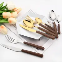Flatware Sets 4 12 16 24P Brown Gold Tableware Set Cutlery Stainless Steel Imitation Wooden Handle Dinnerware Spoon Knife Fork Silverware