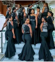 Black Satin African Bridesmaid Dresses Long Bridesmaids Mermaid Prom Gowns Maid Of Honor Dress Evening Wear BC14020