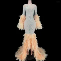 Stage Wear Sexy Mesh Transparent Sparkly Rhinestones Feather Long Tail Dress Festival Outfit Celebrate Evening Prom Gown Birthday
