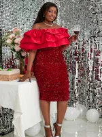 Casual Dresses AOMEI Plus Size Women Party Red Dress Velvet Sequins Elegant Summer Off Shoulder Chest Wrap Rufles Glitter Bodycon Birthday Gown W230203