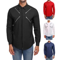 Men's Casual Shirts Mid Length Slim Fit Men Spring Shirt Zipper Decor Turn-down Collar Button Trendy Long Sleeves Match Pants Top For