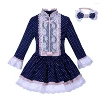 Girl Dresses Winter Elegant Lace Navy Polka Dots For Girls Kids Boutique Children Clothing Outfits 2345681012Yrs &Headband