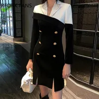 Casual Dresses Women Elegant Patchwork Notched Collar Button Working Long Sleeves Bodycon Small Silt Blazer Dress
