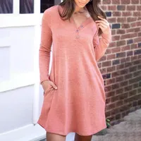 Casual Dresses 2023 Women's Fashion Solid Mini Dress Spring Autumn V-neck Button Pocket Long Sleeve Loose Office Ladies Femme