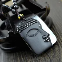Pendant Necklaces Buddha Head Natural Obsidian Gem Necklace With Rope