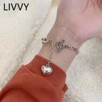 Link Bracelets LIVVY Silver Color Fashion Smooth LOVE Heart-Shape Pendant Bracelet For Women Girls Simple Romantic Birthday Party Jewelry