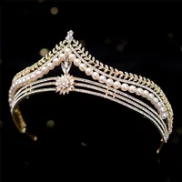 Baroque Retro Gold Crystal Pearl Bridal Tiaras Crown Geometric Pageant Diadem Bride Headband Wedding Hair Accessories 220217224T