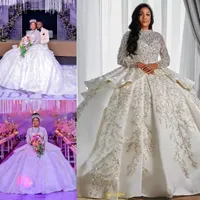 Luxurious Arabic Style A Line Wedding Gowns Long Sleeves Puffy Train Princess Sparkly Sequins Bridal Party Dresses Plus Size Robe De Marriage BC14746