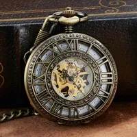 Pocket Watches Vintage Retro Mechanical Watch With Chain Unique Roman Numerals Hollow Sculpture Hand Wind Mens