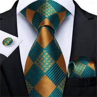 Bow Ties Fashion Men Tie Teal Green Gold Plaid Silk Wedding For Hanky Cufflink Set DiBanGu Novelty Design Business MJ-7319