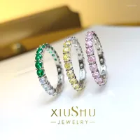 Cluster Rings Fashion Full Diamond Row Ring Color Treasure Female Personality Luxury High-Class 925 Silver High Carbon