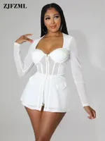 Women's Two Piece Pants Stunning Sheer Mesh See Through Sets Summer Clothing Zipper Front Long Sleeve Tops and Formal Short Matching Suits 230204