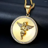 Pendant Necklaces Mens Stainless Steel Angel Necklace Hip Hop White Zircon Bling Gold Plated Religious Jewelry