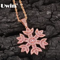 Chains UWIN Fashion Women Baguettecz Pink Snowflake Shape Pendant Necklace Color Iced Bling Cubic Zirconia Hiphop Jewelry