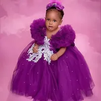 Purple Lace Crystals Flower Girl Dresses Ball Gown Tulle Elegant Lilttle Kids Birthday Pageant Weddding Gowns