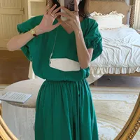 Work Dresses 2023 Women Summer Vintage Green Two Piece Set Lantern Sleeve V Neck Pullover Short Tops Elastic High Waist A-line Skirt