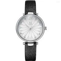 Wristwatches Leather Watch Flower Dial Women Quartz Analog Casual Ladies Watches