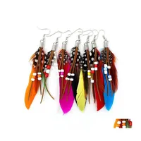 Dangle Chandelier Bohemian Sier Color Feather Earrings Beads For Women Party Catwalk Hanging Boucles Colorf Feathers Drop Delivery Dhjoq