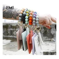 Key Rings Women Girls Sile Beaded Bracelet Outdoor Sports Ring Keyring Circle Keychain Wristlet Jewelry With Wallet Card Purse Drop D Dhk0M