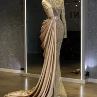 Gold Luxurious Mermaid Evening Dresses Beaded Crystals Prom Dresses High Neck Formal Party Second Reception Gowns BC12998
