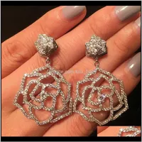Fashion Luxury Designer Super Sparkling Diamonds Zirconia Camellia Flower Pendant Earrings For Women Girls Silver Post Mleee Zscel300i