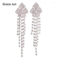 Backs Earrings Grace Jun Bridal Crystal Rhinestone Long Tassel Clip On Non Piercing Silver Plated Chandelier For Women