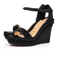 Designer Christians Shoes 21s Summer Women Sandals Black Spiked Leather Wedge Heels Ss Sandal Platform High Heel Lady Wed Rkrd