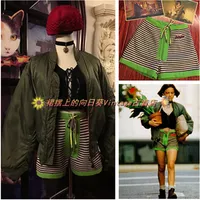 Women's Two Piece Pants Movie Leon Mathilda Cosplay Suit Black Short Sleeve Tshirt; Green Striped Shorts; Coat; Red Knitted Hat; Necklace;Rabbit 230204