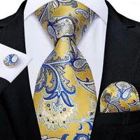 Bow Ties Men Necktie Designer Gold Blue Paisley Wedding Tie For Handkerchief Cufflink Silk Set DiBanGu Business Party MJ-7216