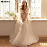 Wedding Dress Thinyfull Boho Polka Dots Tulle Pearls Party Dresses Half Sleeves Appliques Lace Bride Long Bridal Gowns