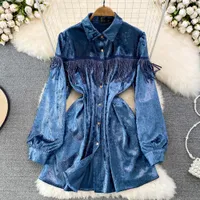 New Vintage Spring Autumn Casual Dresses Solid Slim Button Full Lady Dress A Line Turndown Collar Single Breasted Women Dresses 2023