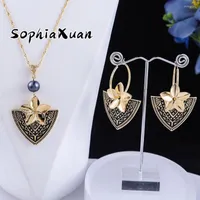 Necklace Earrings Set SophiaXuan Hawaiian Woman Vintage Gold Plated Flower 2023 Trend For Women Mother's Day