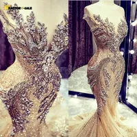 Champagne Mermaid Wedding Dresses Luxury Crystal Beads Sequin Lace Sweep Train Wedding Dress Real Picture Sheer Cap Sleeve Bridal Gowns BC3571