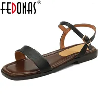 Sandals FEDONAS Women Summer Retro Concise Basic Genuine Leather Low Heels Comfortable Casual Office Ladies Pumps Shoes Woman