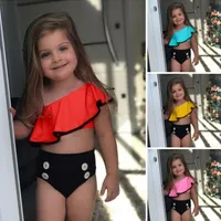 One Pieces 1-6 Years Kids Girls Swimsuit Ruffle Sleeve Bikini 2023 Children High Waist Swimming Suit Girl Solid Shoulder Swimwear