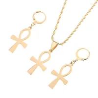 Necklace Earrings Set & Gold Color Stainless Steel Egyptian Cross Chain Vintage Nile Ankh Key Egypt Pendant Half22