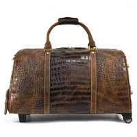 Duffel Bags Men Women Real Cow Leather Alligator Pattern Travel On Wheels Rolling Luggage Bag Trolley Duffle Carry-On With Pull Rod