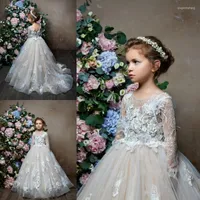 Girl Dresses Long Sleeves Ivory Flower For Weddings Feather Lace Applique Little Kids Baby Gowns Custom First Communion Dress