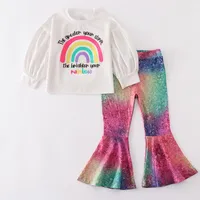 Clothing Sets Girlymax Fall winter Greater Storm Brighter Rainbow Baby Girls Ruffles Bell-bottoms Pants Set Kids