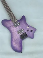 Guitarra de guitarra grande e sem cabe￧a personalizada Trits guitarra el￩trica de cor roxa de chama assada bordo guitarra de pesco￧o