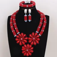 Necklace Earrings Set Dudo Red Jewelry For African Wedding Crystal Beaded Flowers Nigerian 2 Layers Women Gift Ser 2023