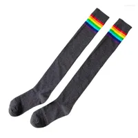 Women Socks Q6PB Japanese Girls Over Knee Thigh High Stockings Bright Rainbow Stripes Patchwork Preppy Style Student Long