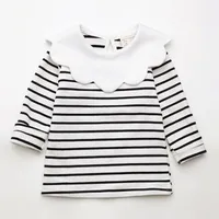 T-shirts Spring Kids Girls T-shirt Children Long Sleeve Pan Collar Striped Tees Fashion Baby Girl O-Neck Blouse Tee Tops Lovely Clothes 230204